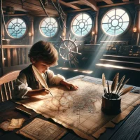 DALL·E 2024-03-04 07.57.47 - Imagine a child seated at a desk, with a treasure map spread out in front of him. The child is diligently making corrections to the map using a quill