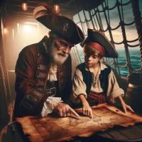 DALL·E 2024-03-04 09.12.28 - Visualize a young boy dressed as a pirate seeking help from an older pirate, who is extending a treasure map towards him, pointing at a specific locat